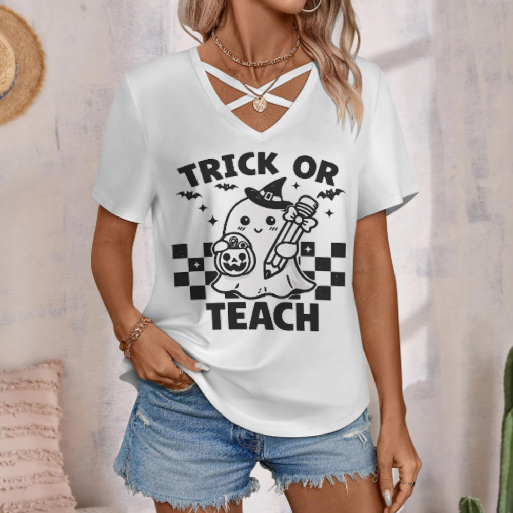 Trick Or Teach Halloween Teacher Graphic V-Neck Tee – Cute Ghost Fall Classroom Shirt(z782)