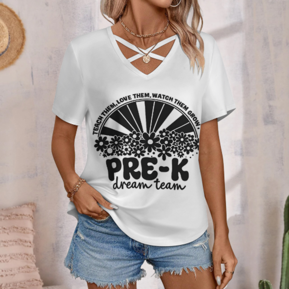 Pre-K Dream Team Retro Teacher V-Neck Tee – Cute Floral Preschool Classroom Shirt(z786)