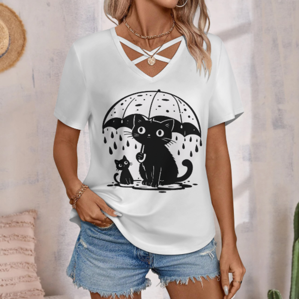 Cute Black Cat Under Umbrella Graphic V-Neck Tee – Kawaii Rainy Day Cat Lover Shirt(z787)