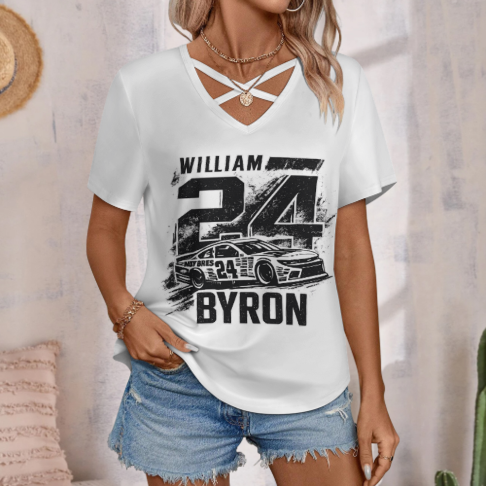 William Byron #24 Racing Graphic V-Neck Tee – Vintage NASCAR Inspired Motorsport Fan Shirt(z784)