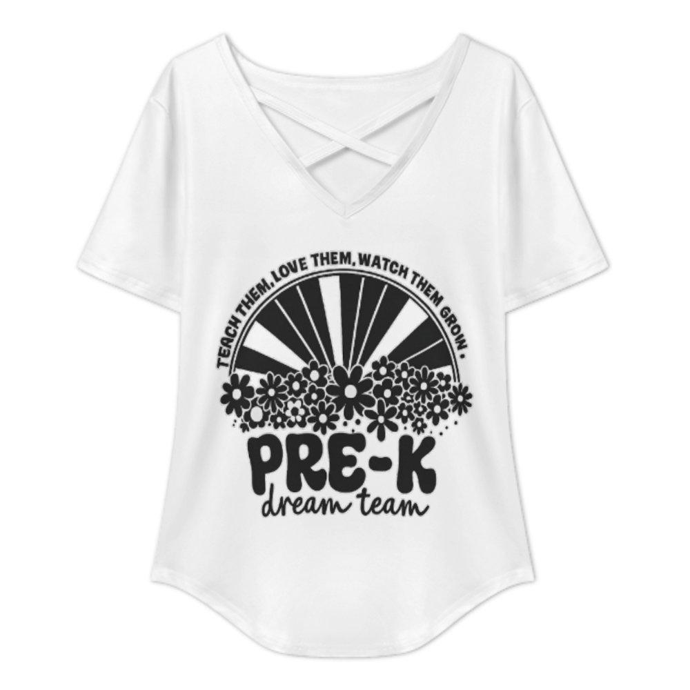 Pre-K Dream Team Retro Teacher V-Neck Tee – Cute Floral Preschool Classroom Shirt(z786)