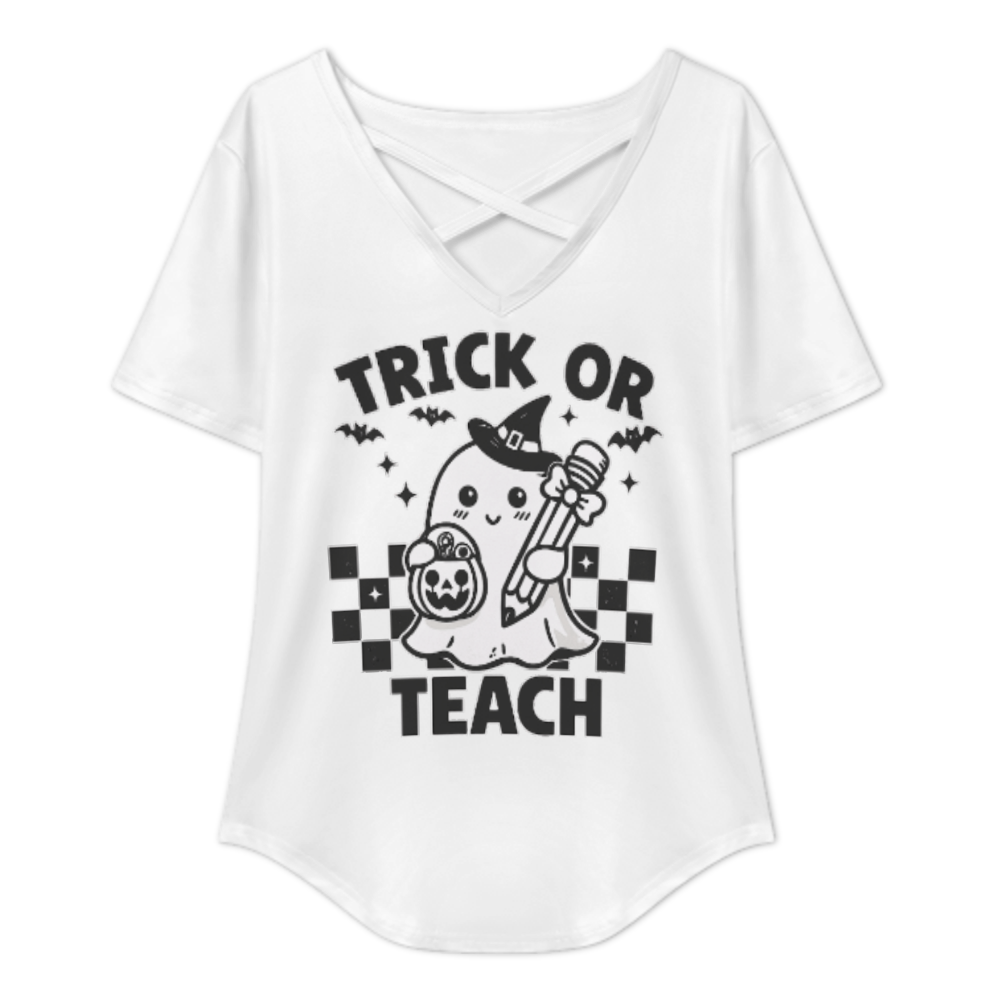 Trick Or Teach Halloween Teacher Graphic V-Neck Tee – Cute Ghost Fall Classroom Shirt(z782)
