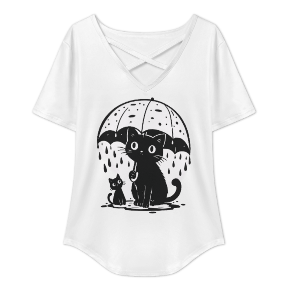 Cute Black Cat Under Umbrella Graphic V-Neck Tee – Kawaii Rainy Day Cat Lover Shirt(z787)