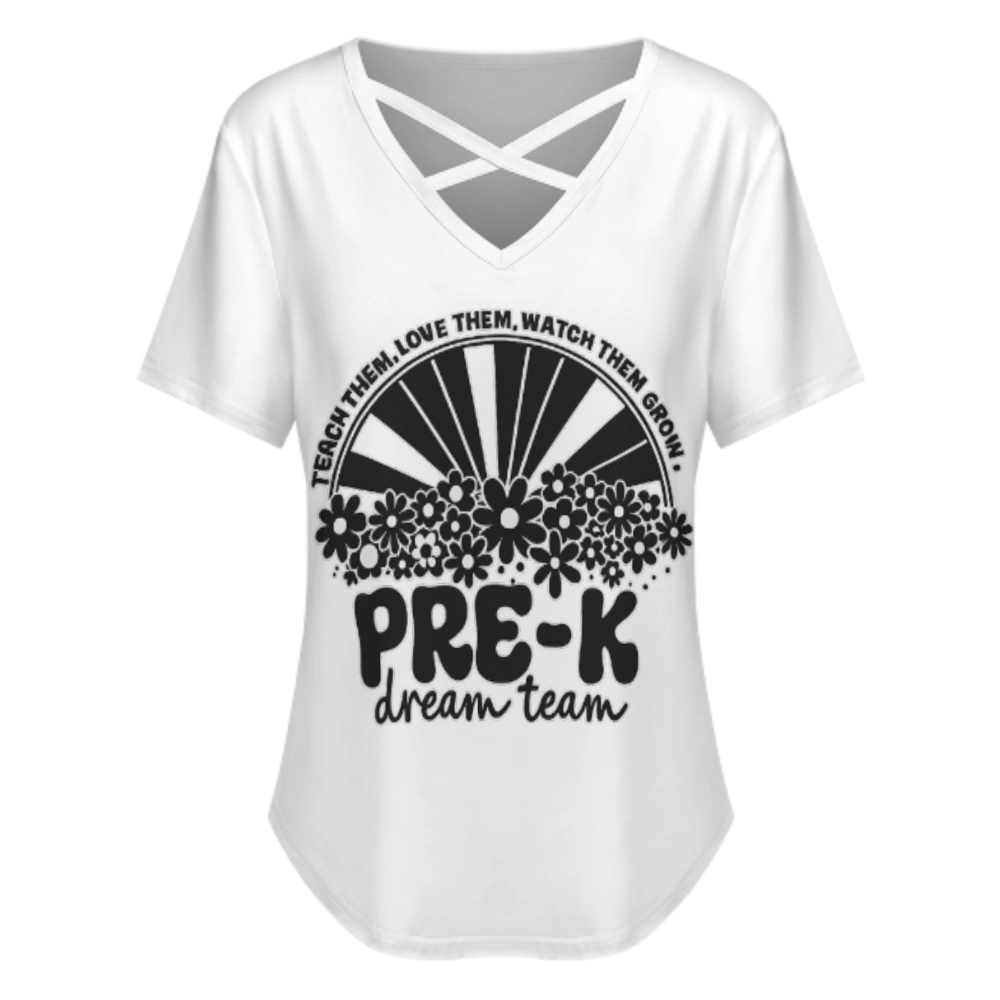 Pre-K Dream Team Retro Teacher V-Neck Tee – Cute Floral Preschool Classroom Shirt(z786)