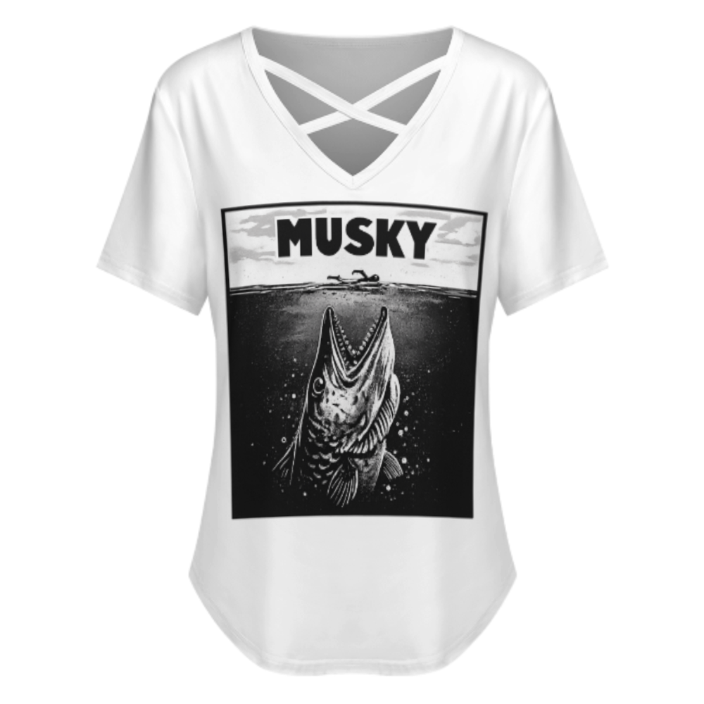 Musky Fishing Vintage Horror Style T-Shirt – Funny Angler Graphic Tee for Fishermen & Lake Lovers(z790)