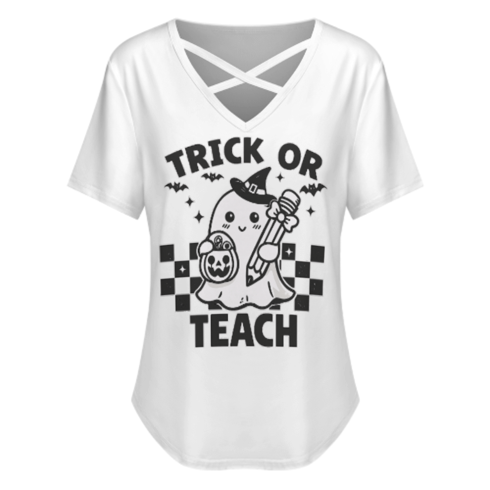 Trick Or Teach Halloween Teacher Graphic V-Neck Tee – Cute Ghost Fall Classroom Shirt(z782)