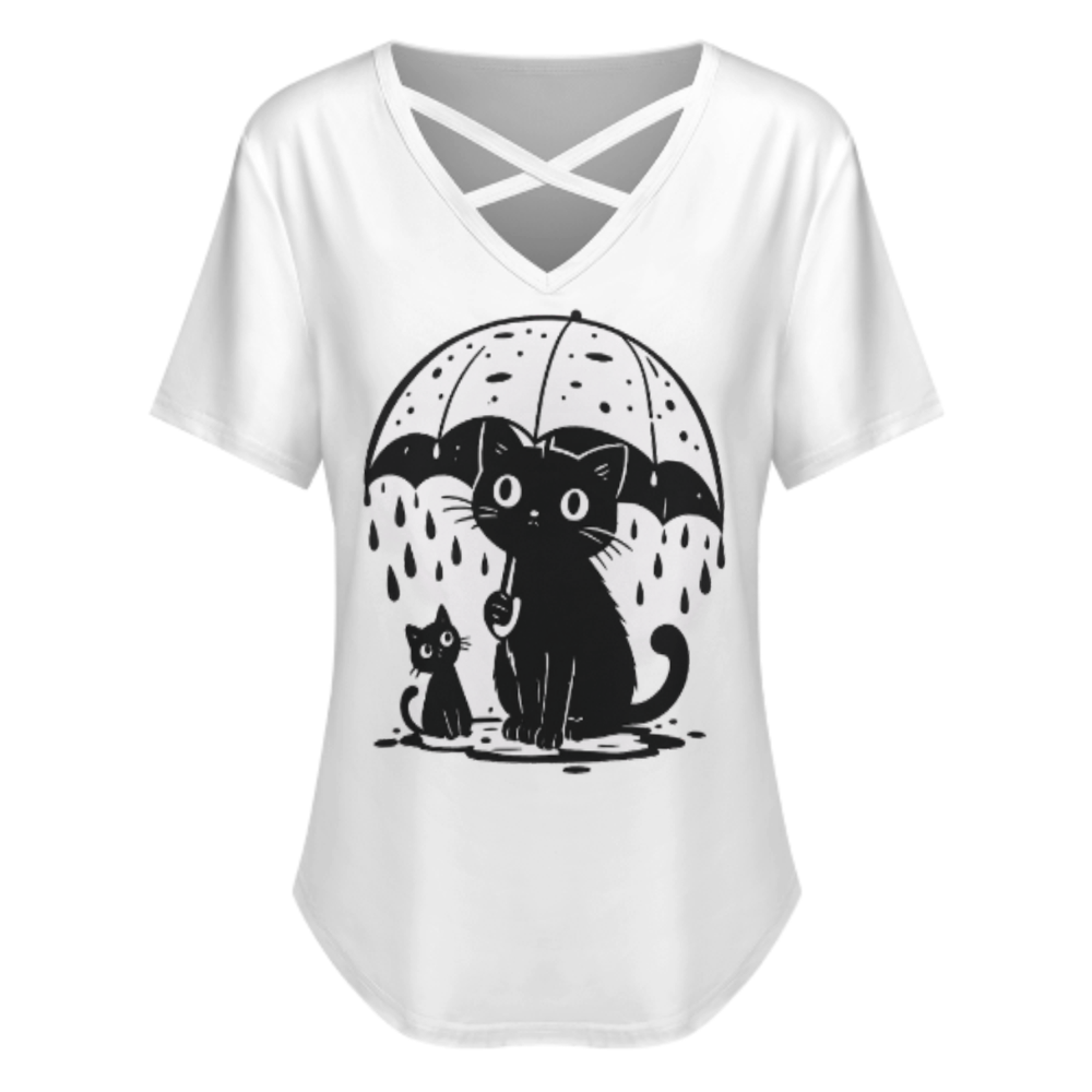 Cute Black Cat Under Umbrella Graphic V-Neck Tee – Kawaii Rainy Day Cat Lover Shirt(z787)