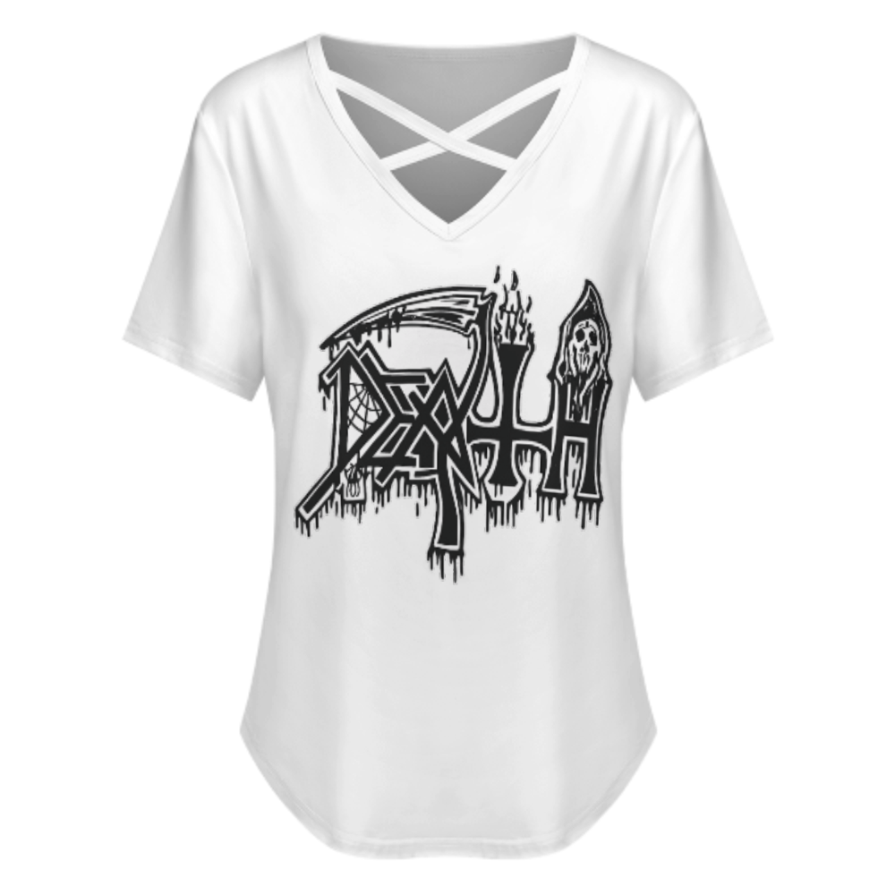 Death Metal Grim Reaper Graphic V-Neck Tee – Gothic Horror Streetwear Casual Shirt(z783)