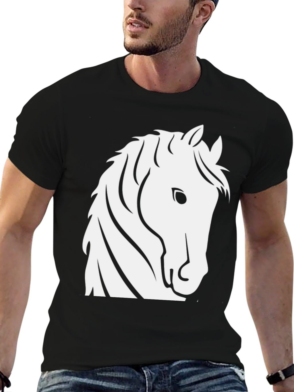 Black T-Shirt with White Horse Head Design