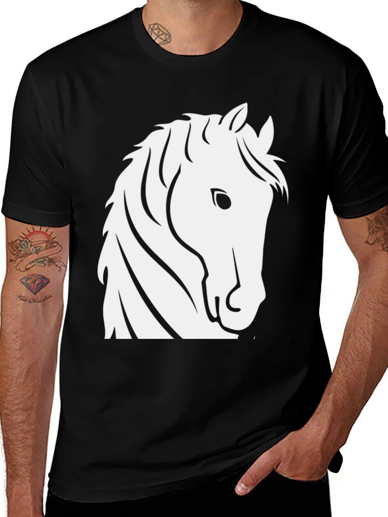 Black T-Shirt with White Horse Head Design