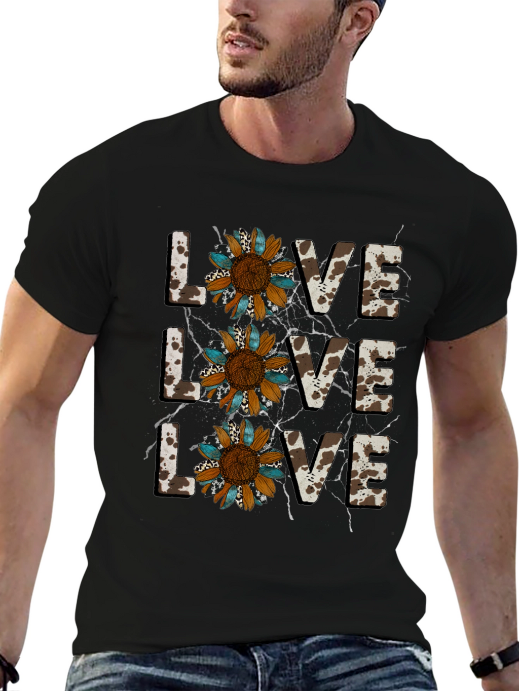 Live Love Sunflower Cow Print Graphic Tee