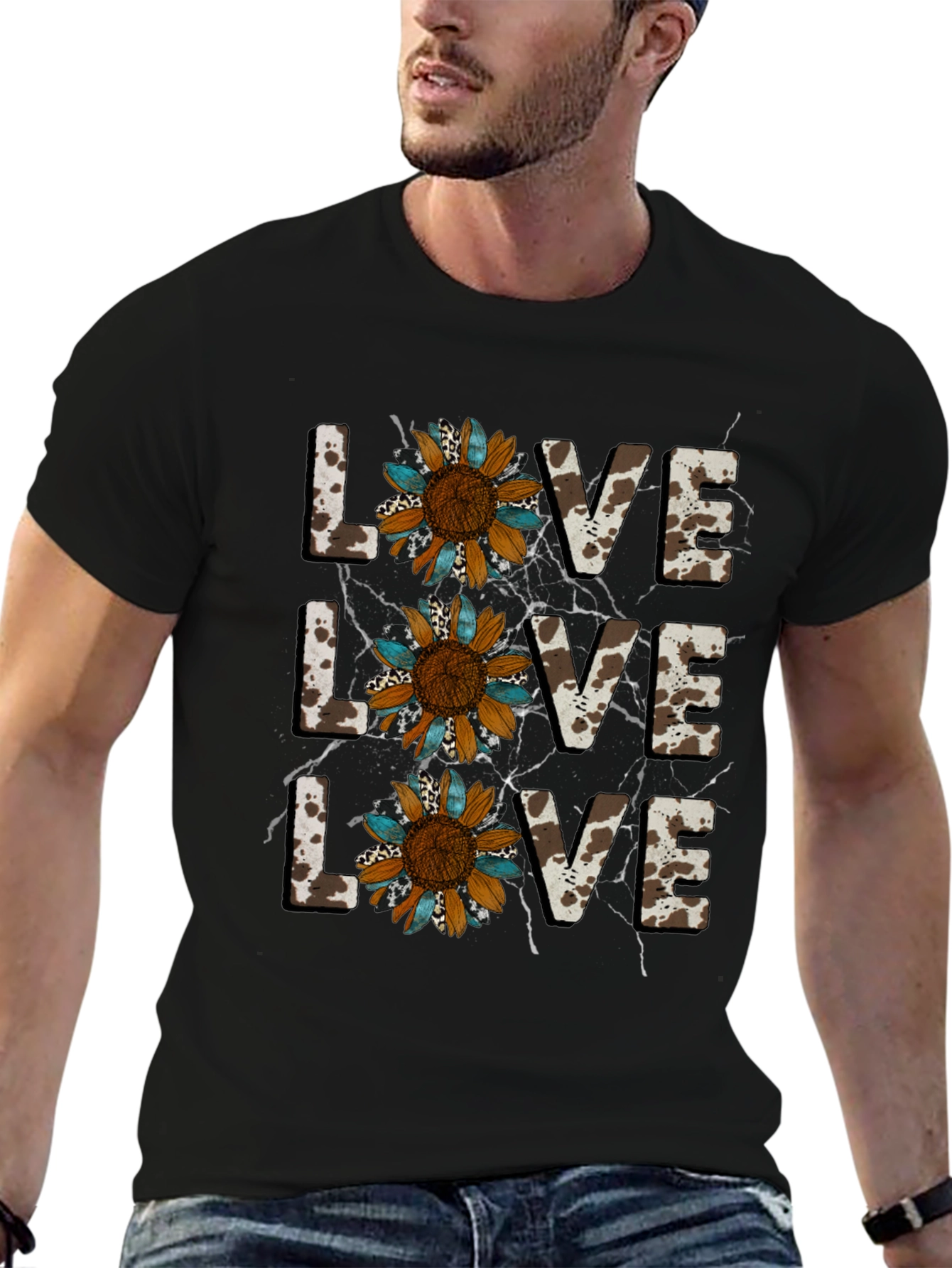 Live Love Sunflower Cow Print Graphic Tee