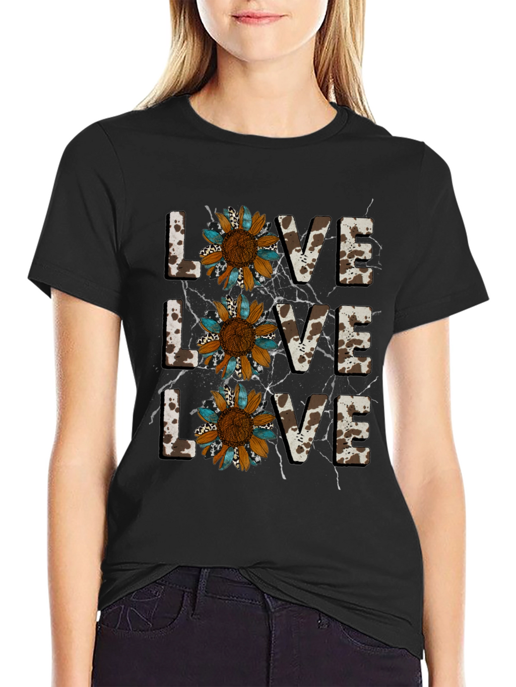 Live Love Sunflower Cow Print Graphic Tee