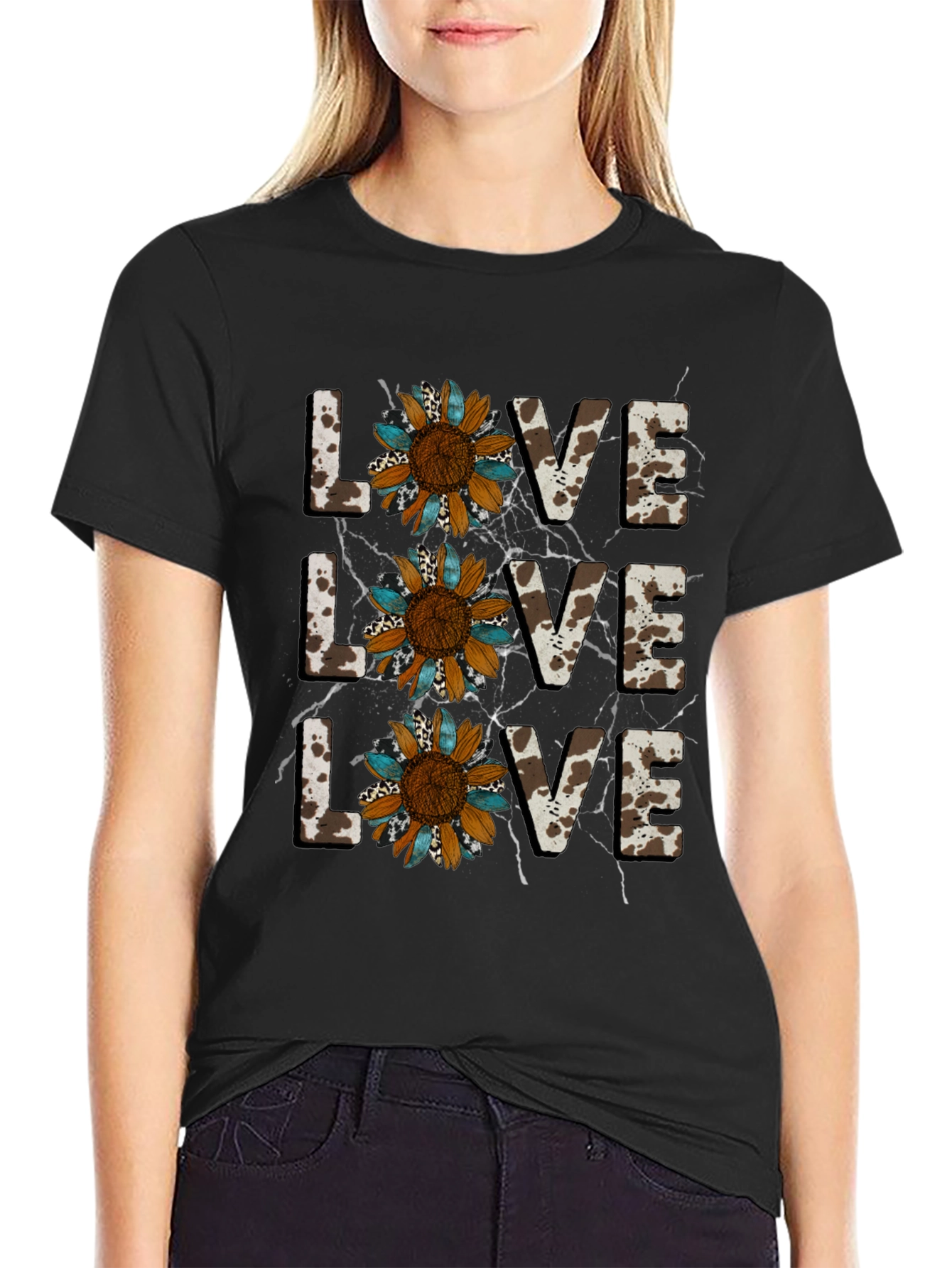 Live Love Sunflower Cow Print Graphic Tee