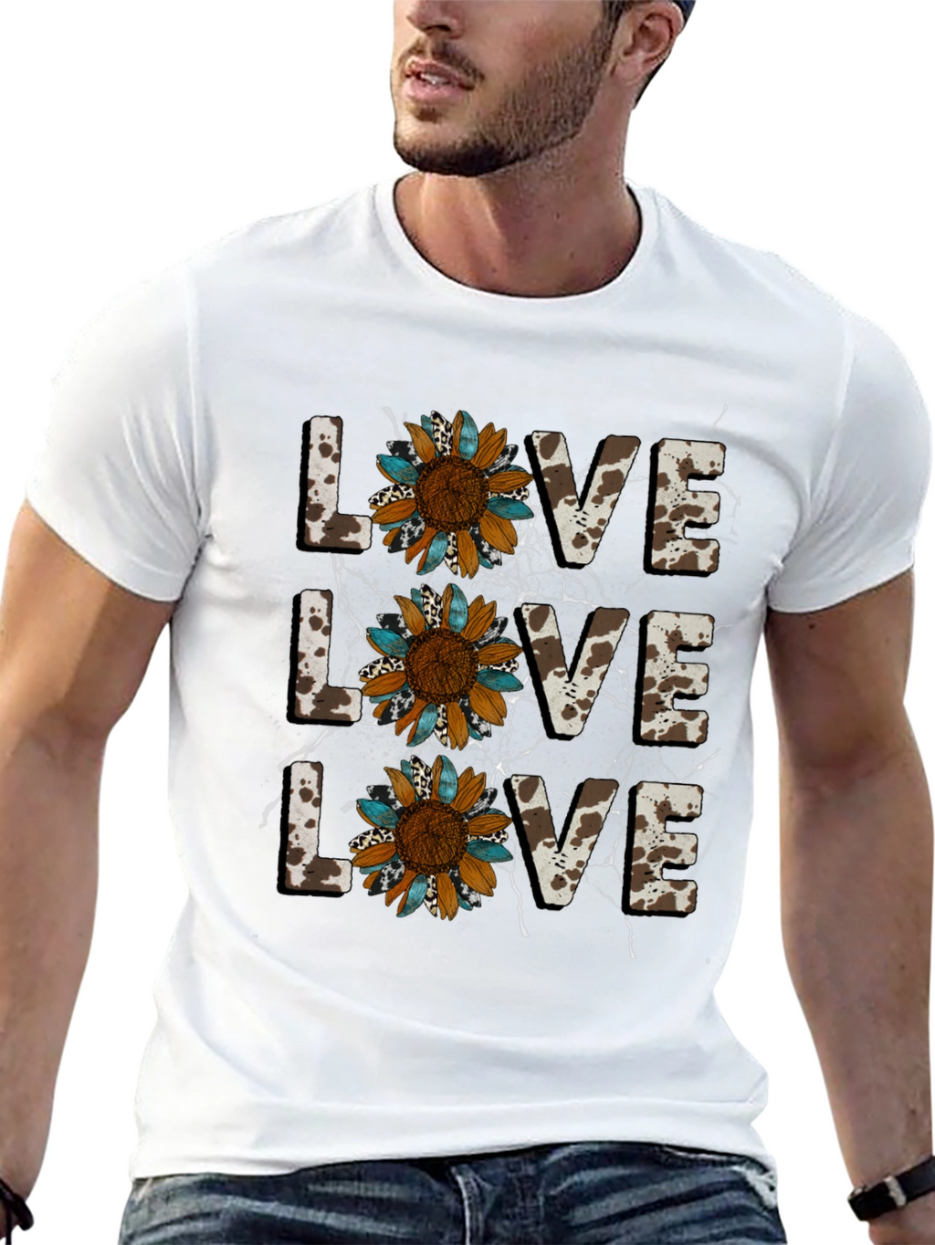 Live Love Sunflower Cow Print Graphic Tee