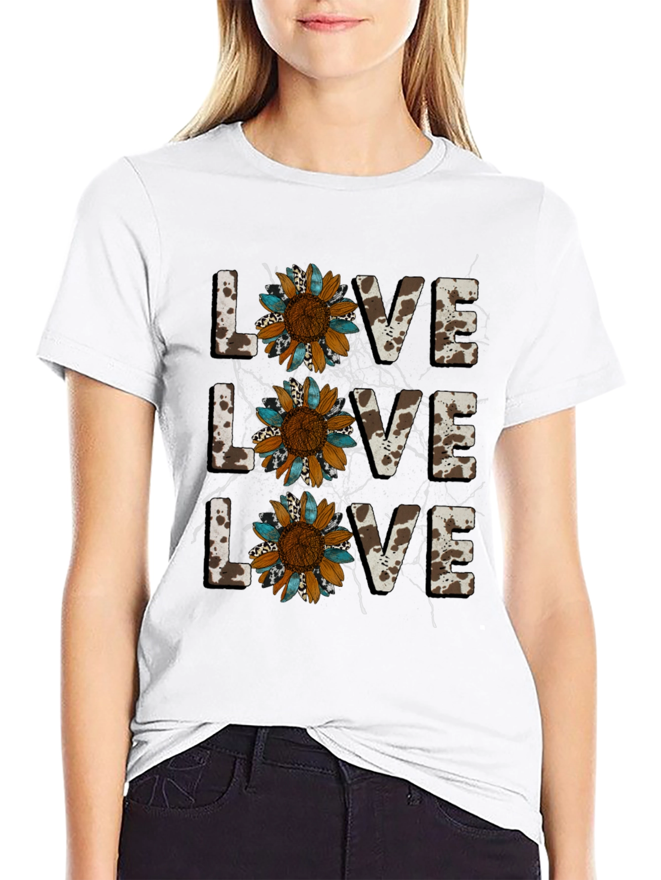 Live Love Sunflower Cow Print Graphic Tee