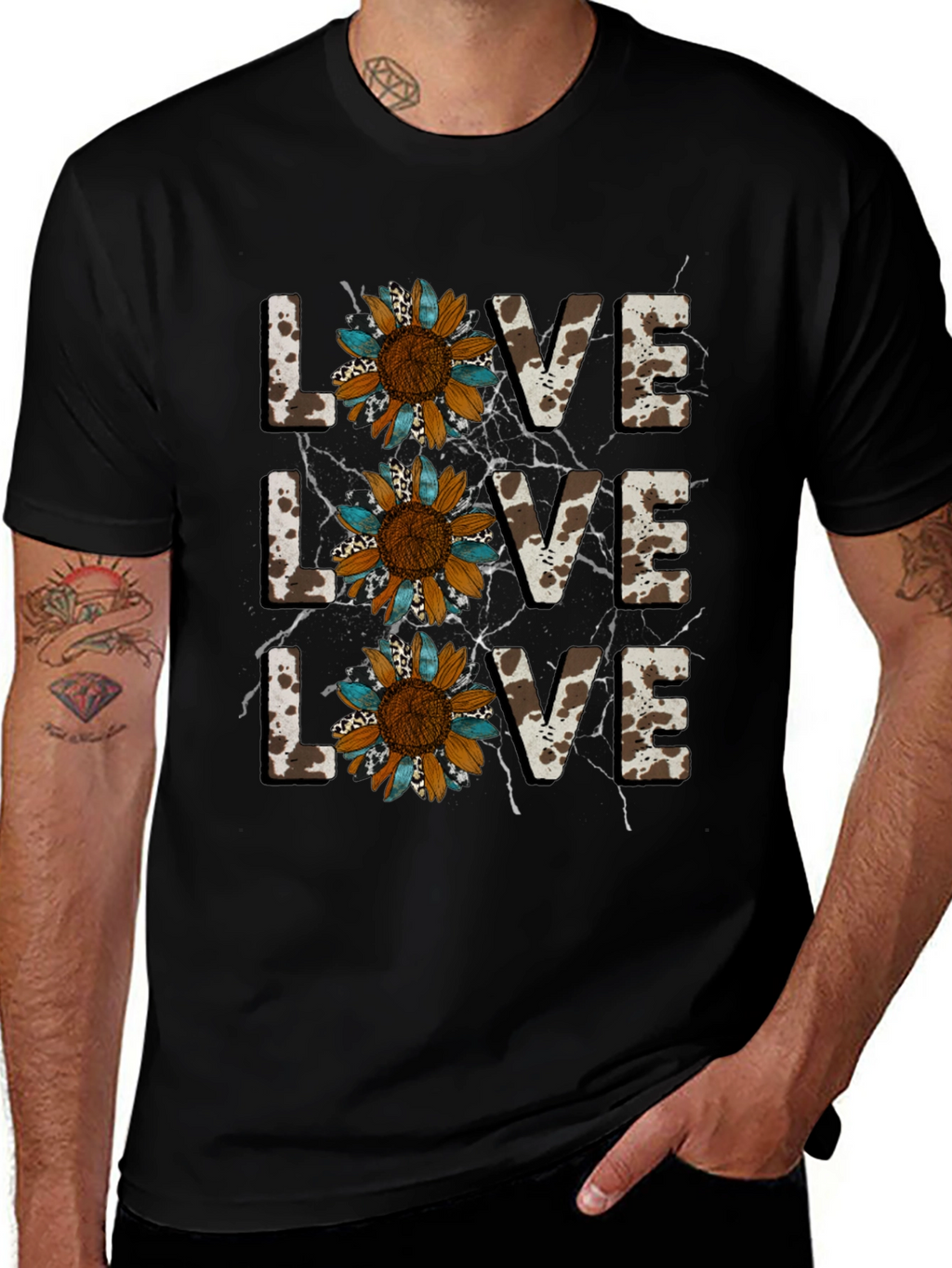 Live Love Sunflower Cow Print Graphic Tee