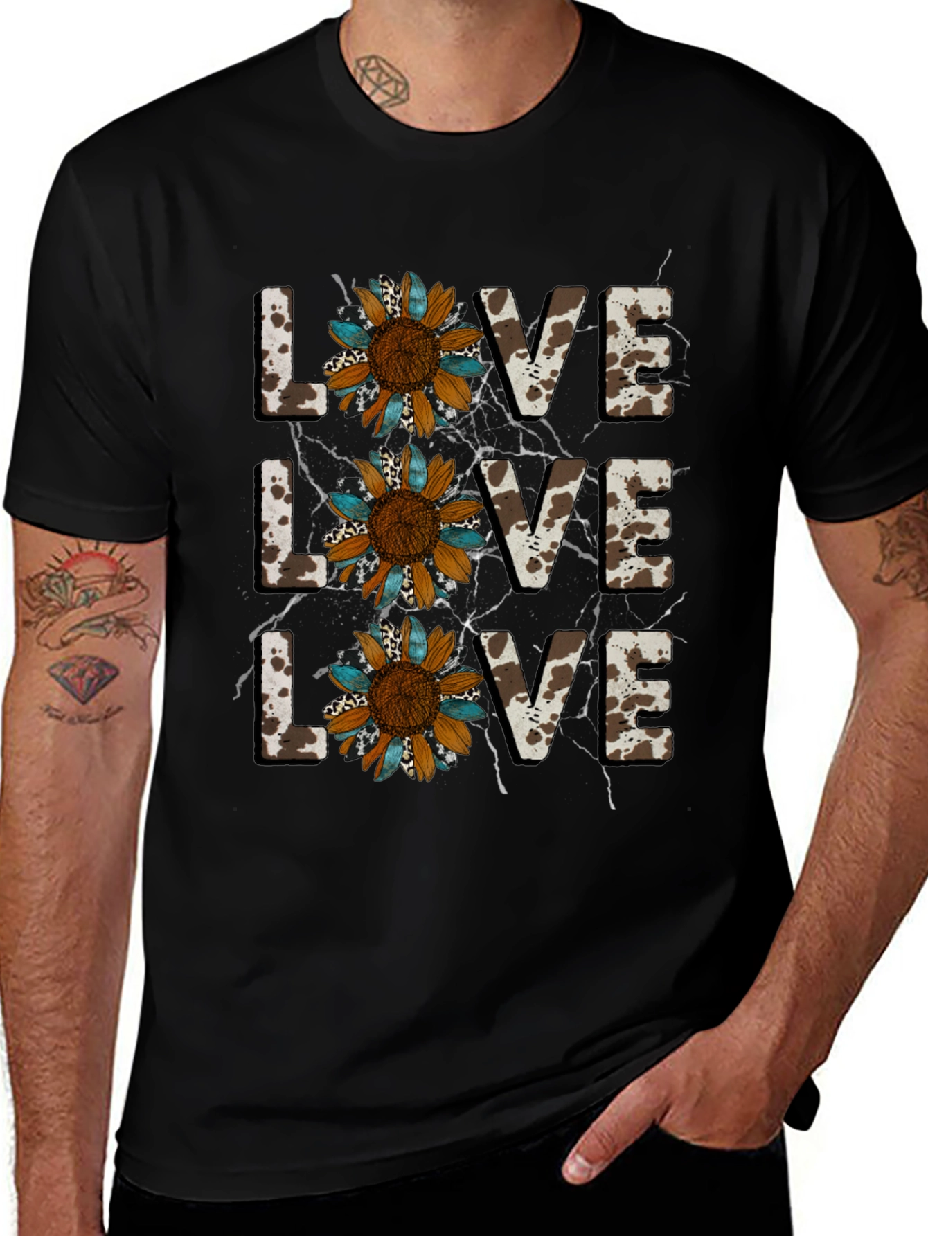 Live Love Sunflower Cow Print Graphic Tee