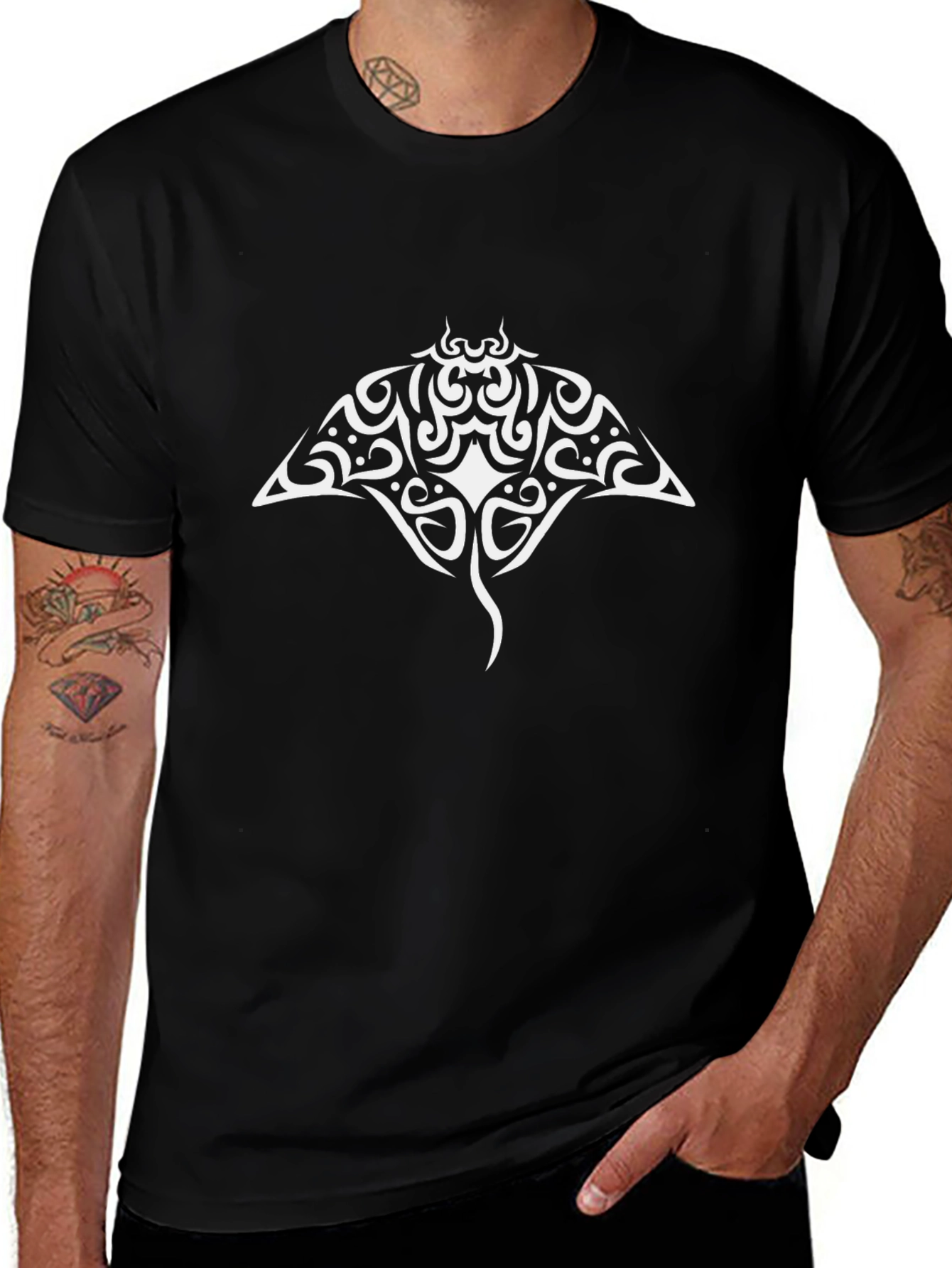 Tribal Stingray Graphic Black Tee Shirt