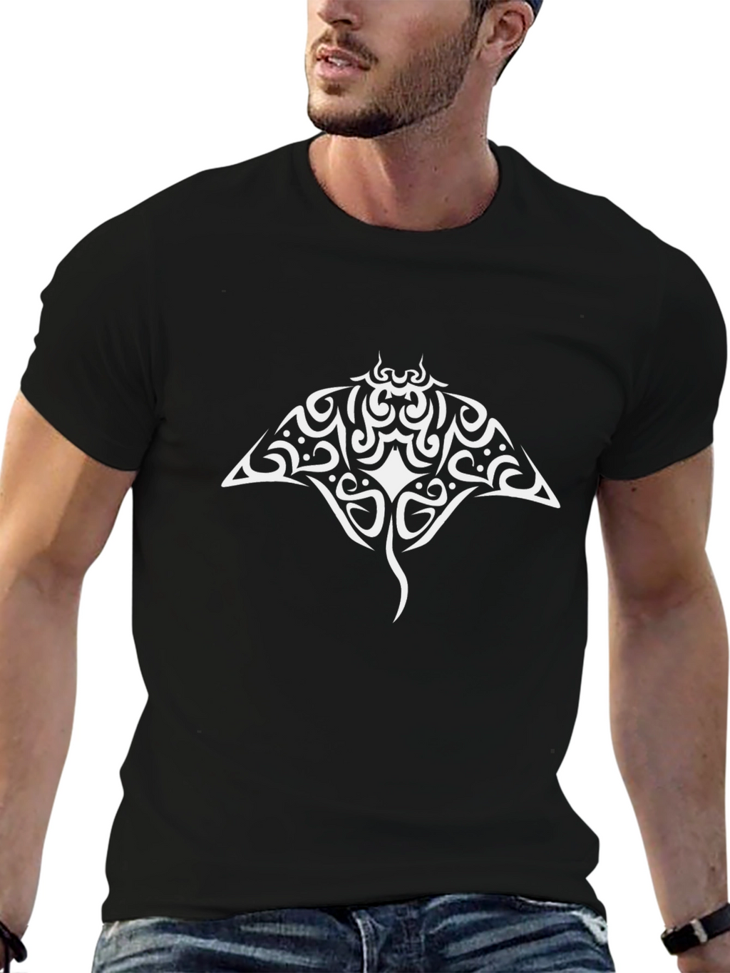 Tribal Stingray Graphic Black Tee Shirt