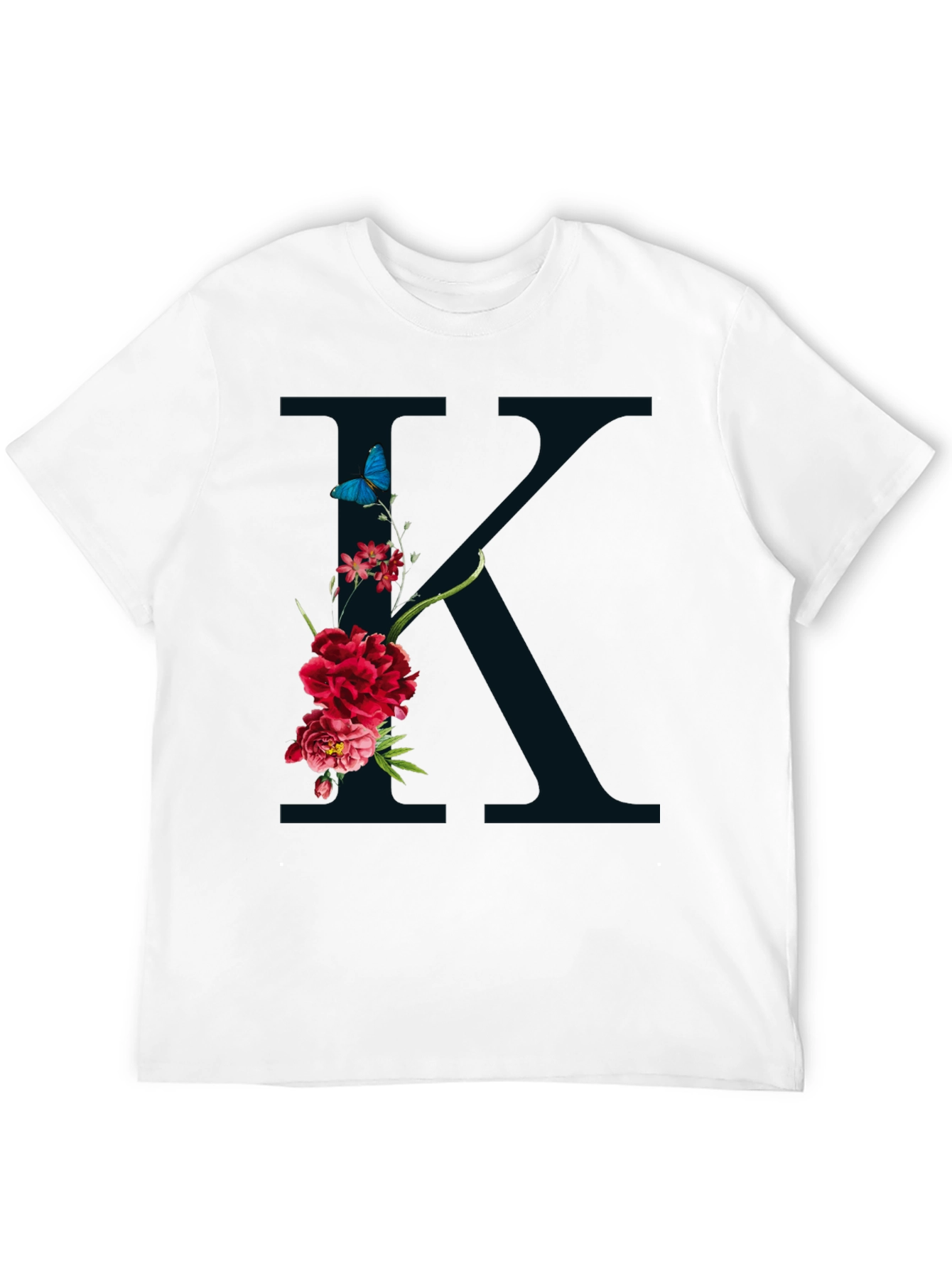 Floral K Initial Graphic Black T-Shirt