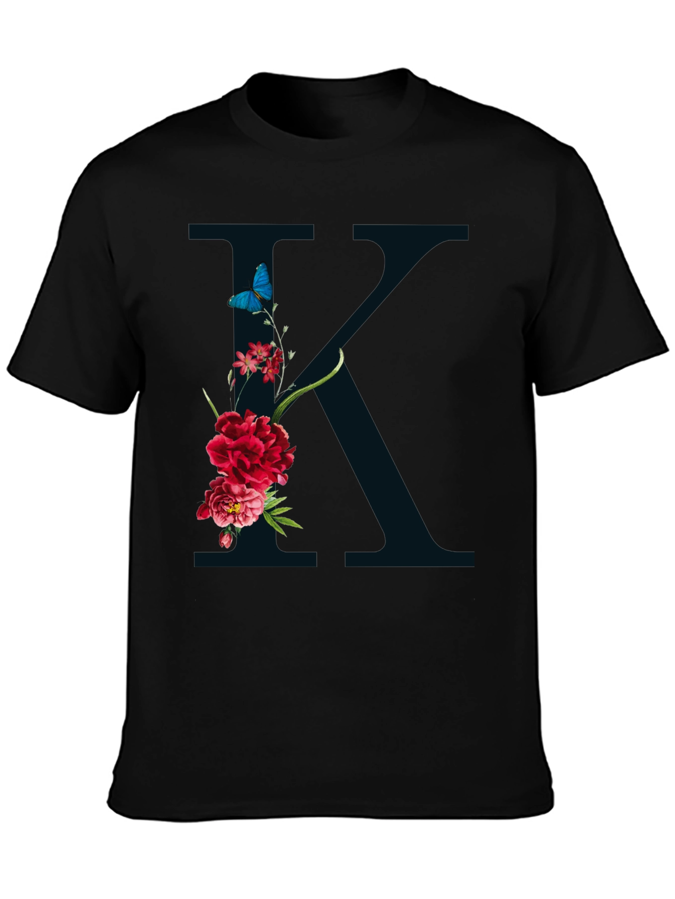 Floral K Initial Graphic Black T-Shirt