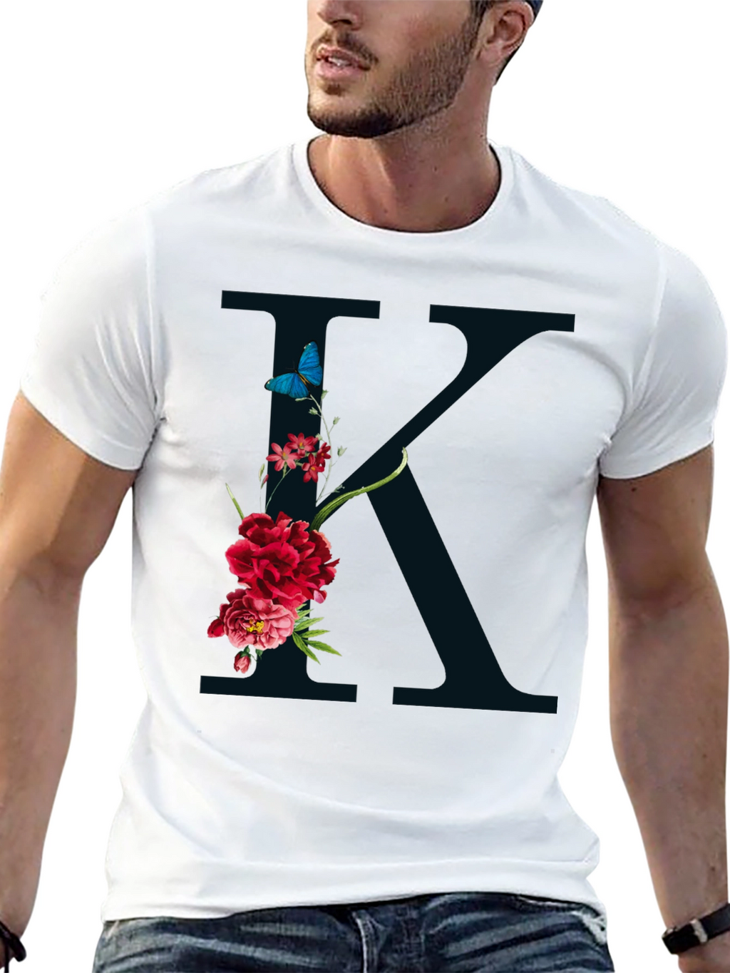 Floral K Initial Graphic Black T-Shirt