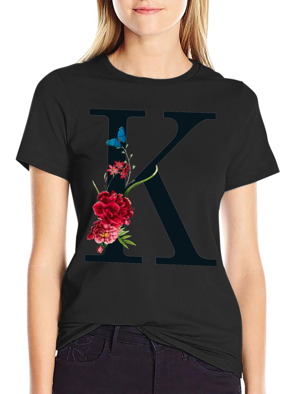 Floral K Initial Graphic Black T-Shirt