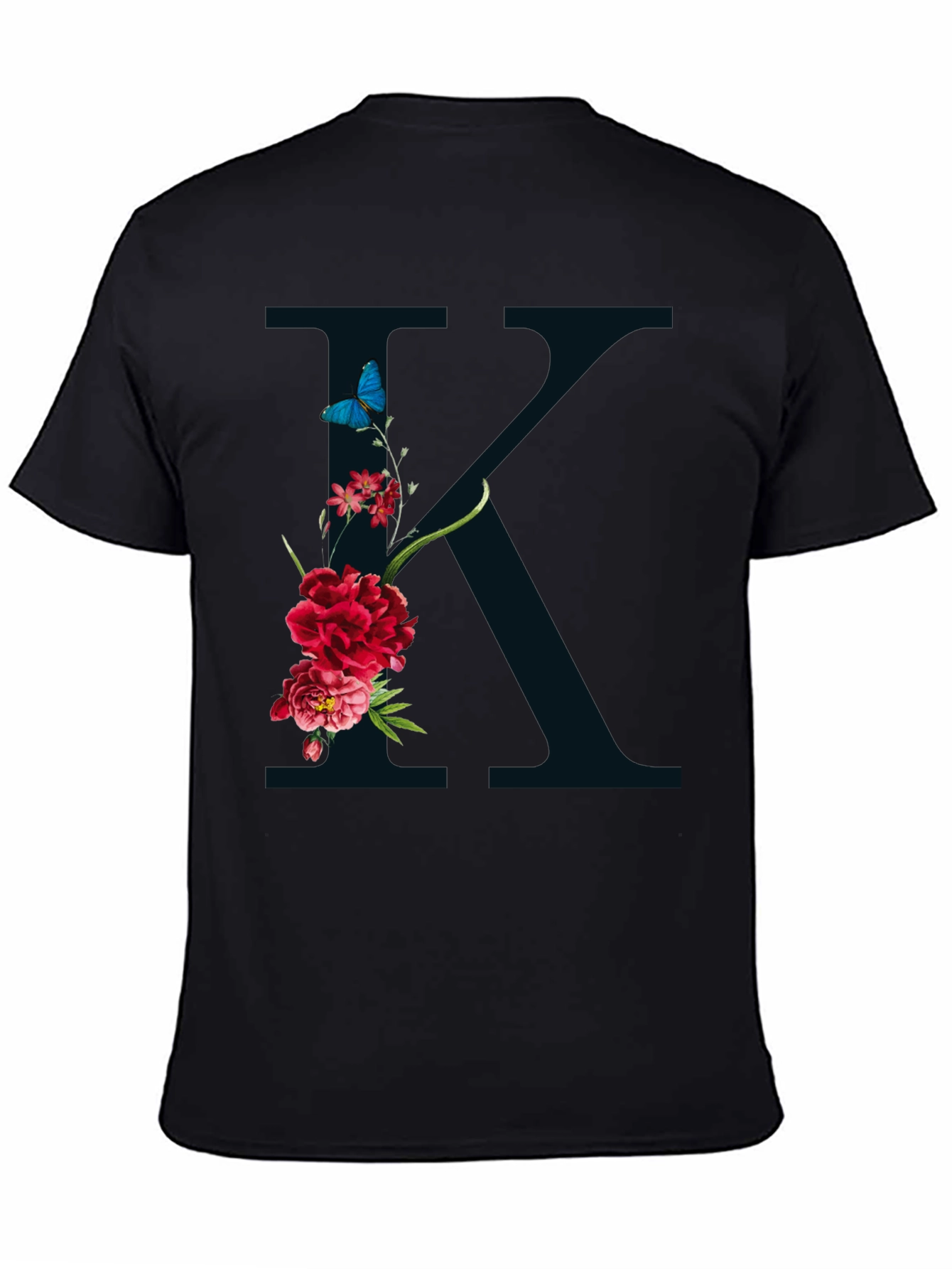 Floral K Initial Graphic Black T-Shirt