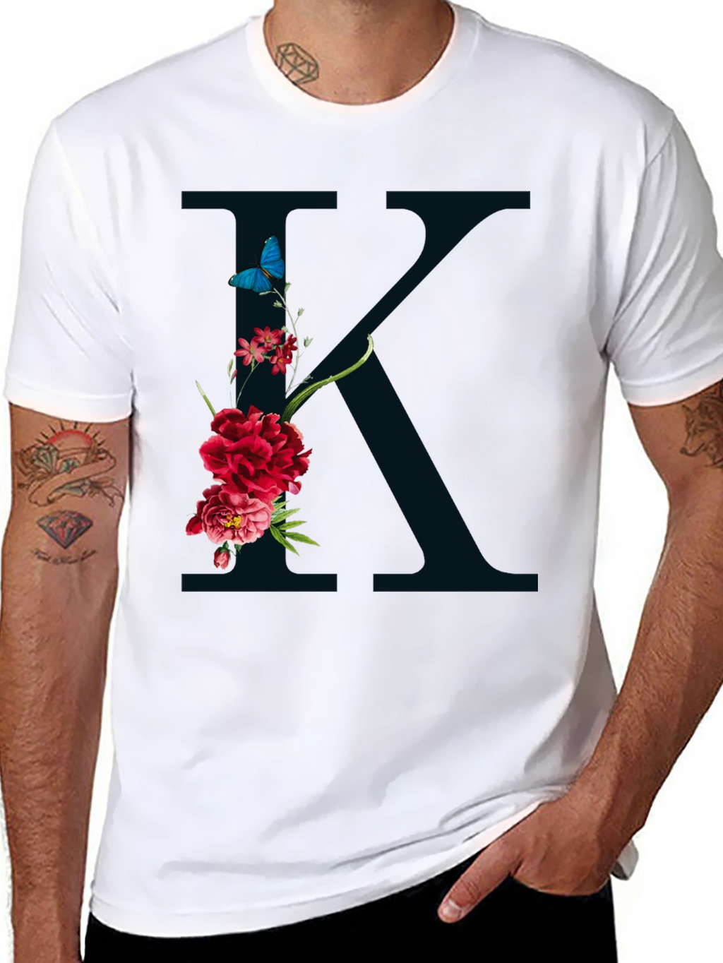 Floral K Initial Graphic Black T-Shirt