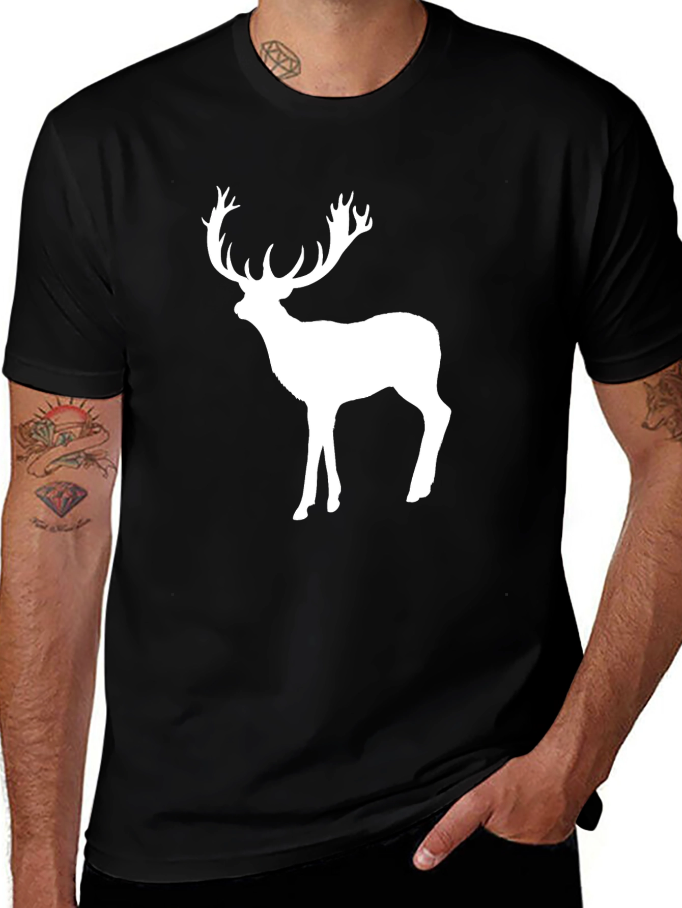 Mens Black T-Shirt with White Deer Graphic