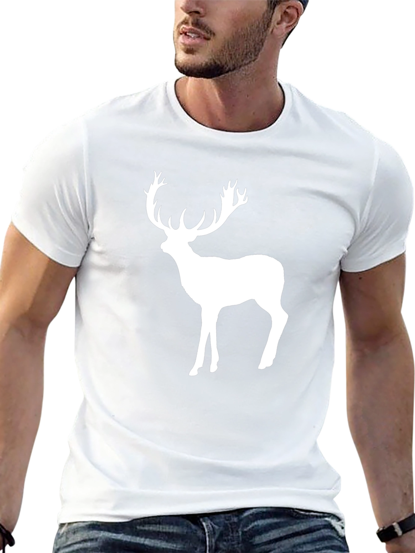 Mens Black T-Shirt with White Deer Graphic
