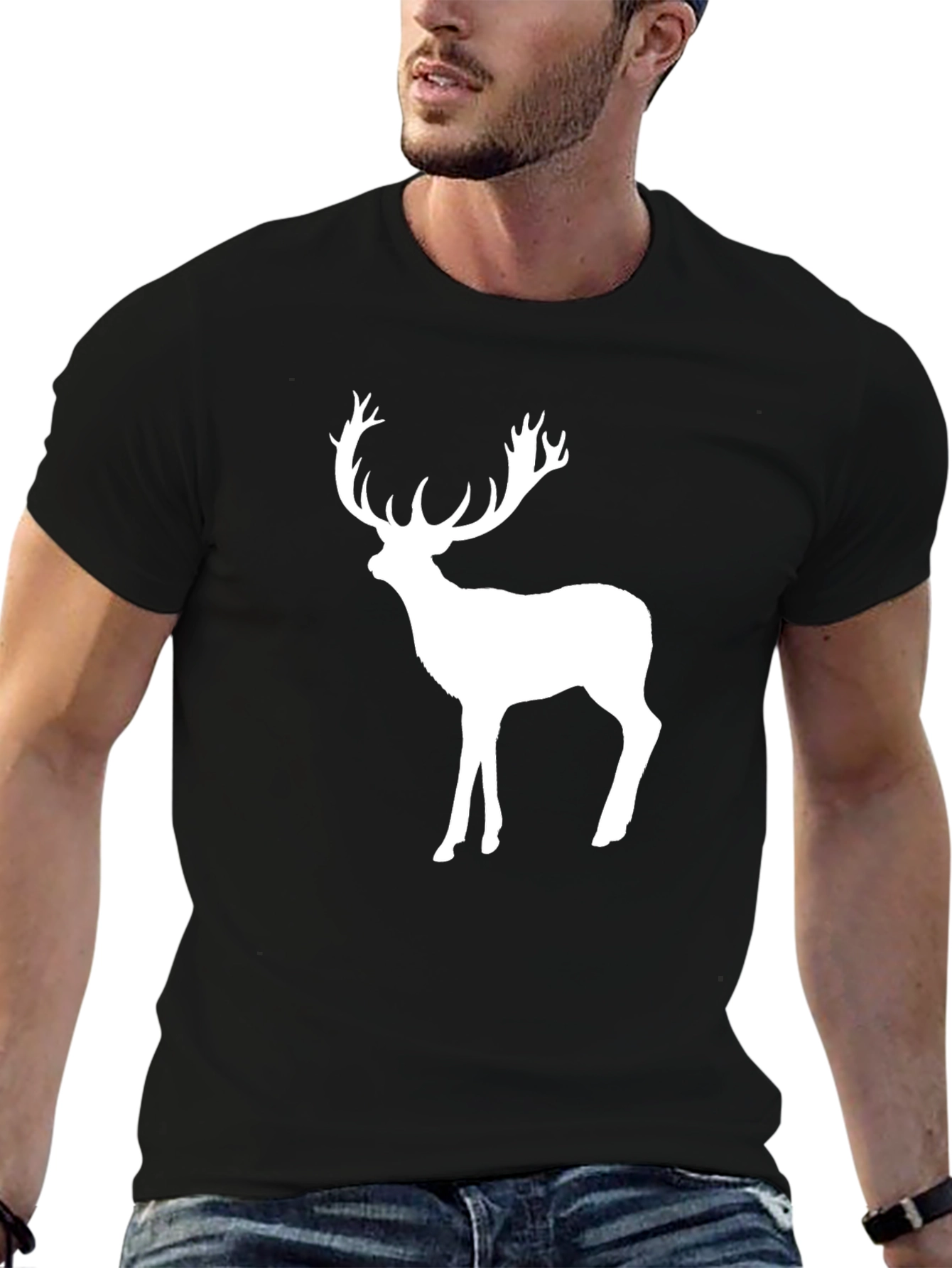 Mens Black T-Shirt with White Deer Graphic