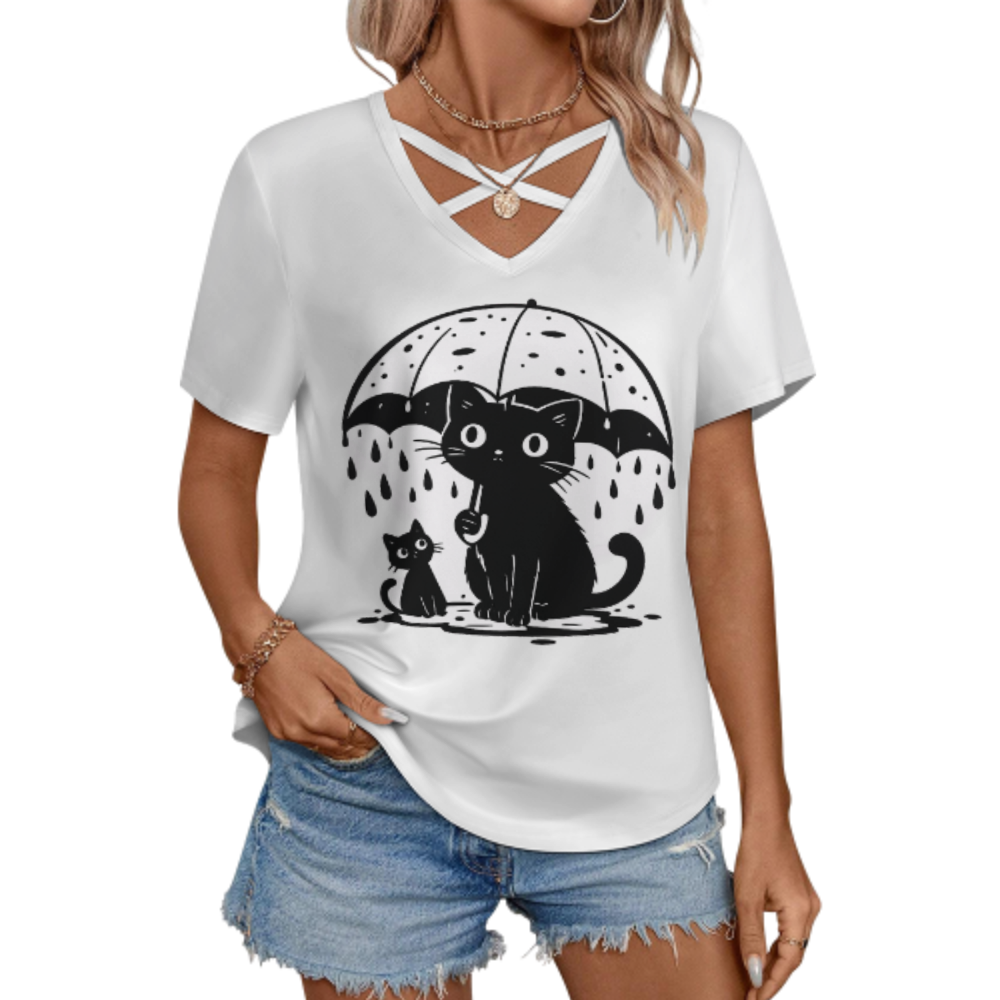 Cute Black Cat Under Umbrella Graphic V-Neck Tee – Kawaii Rainy Day Cat Lover Shirt(z787)