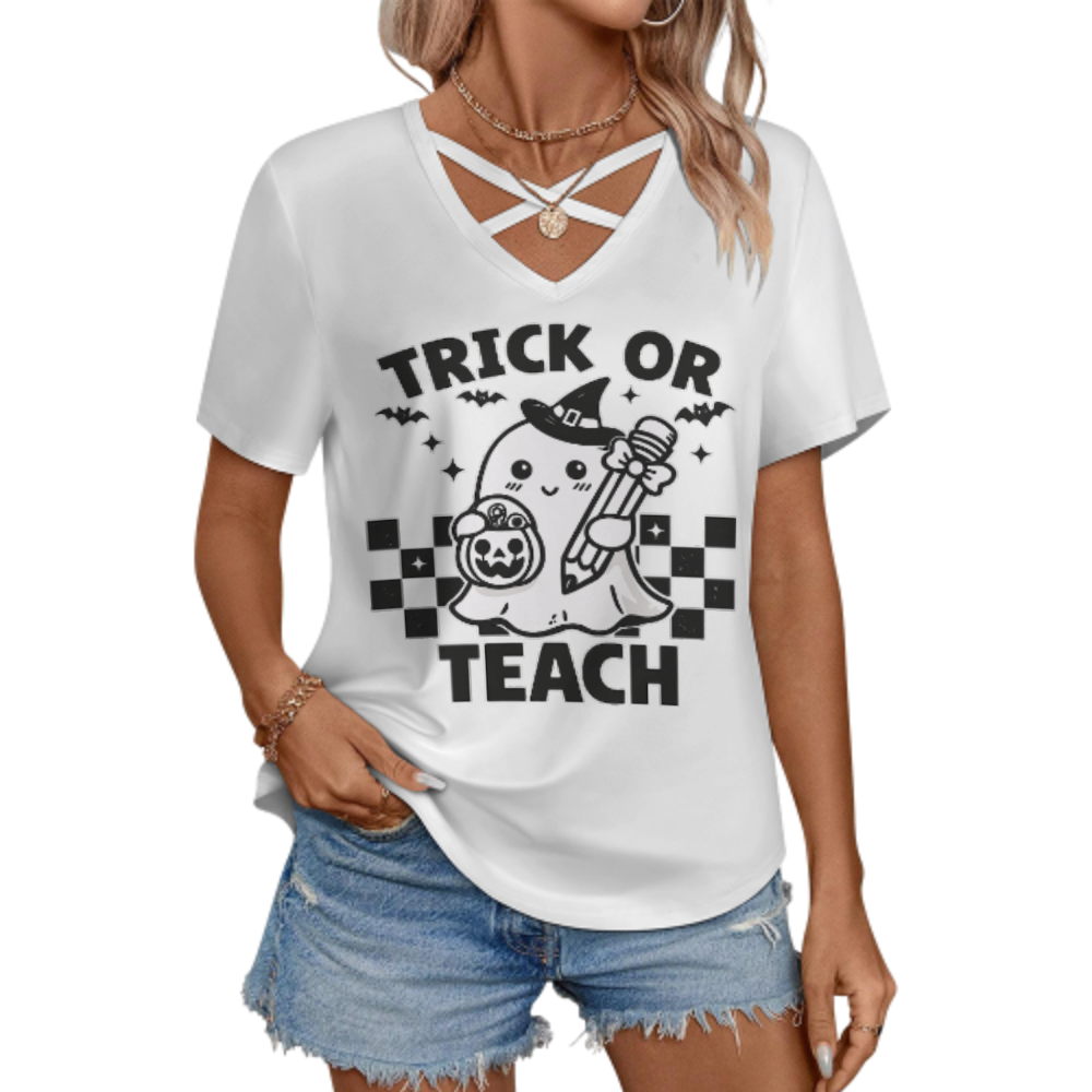 Trick Or Teach Halloween Teacher Graphic V-Neck Tee – Cute Ghost Fall Classroom Shirt(z782)