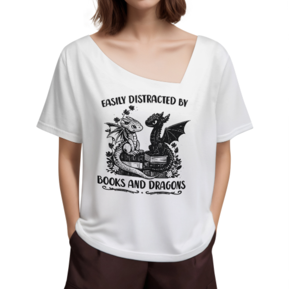 Easily Distracted By Books And Dragons Fantasy Reader Graphic Tee(z800)
