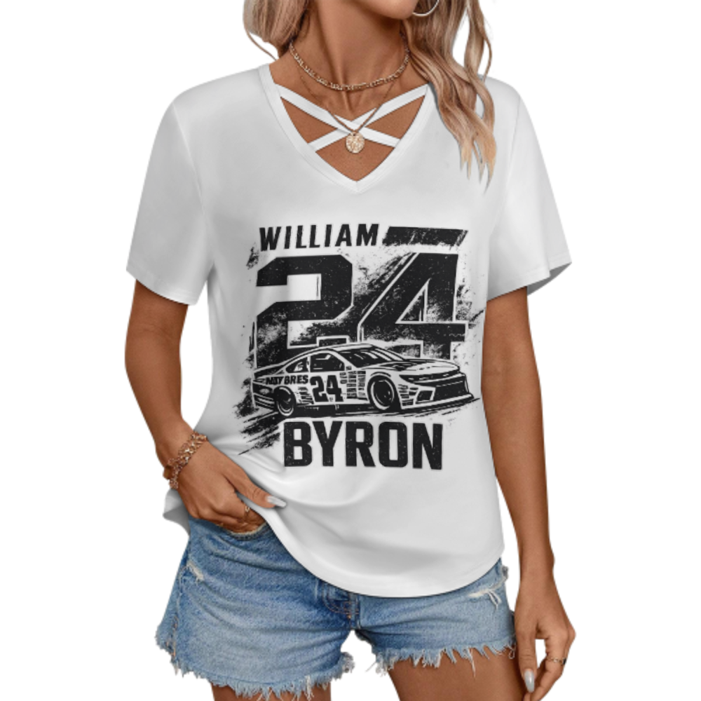 William Byron #24 Racing Graphic V-Neck Tee – Vintage NASCAR Inspired Motorsport Fan Shirt(z784)