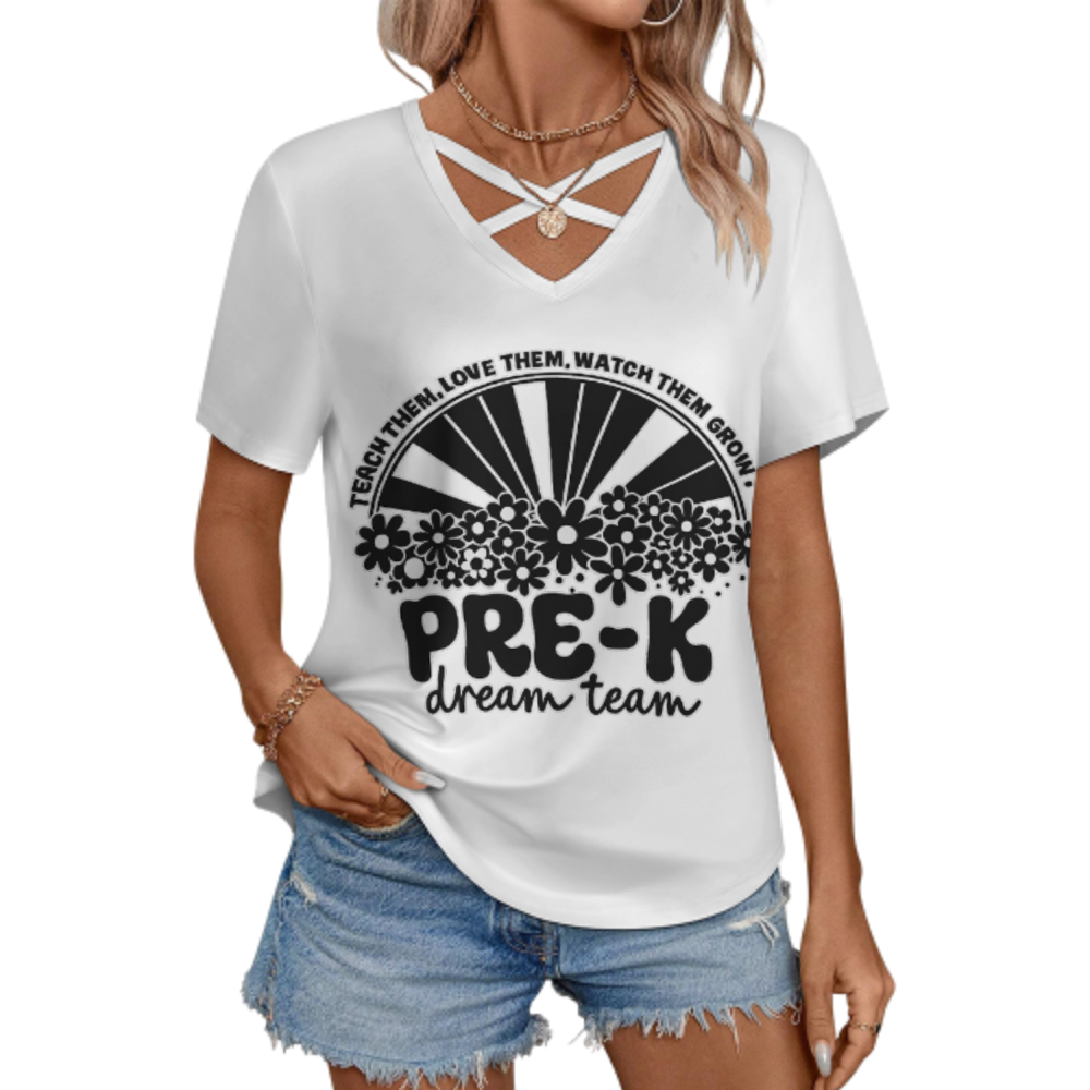Pre-K Dream Team Retro Teacher V-Neck Tee – Cute Floral Preschool Classroom Shirt(z786)