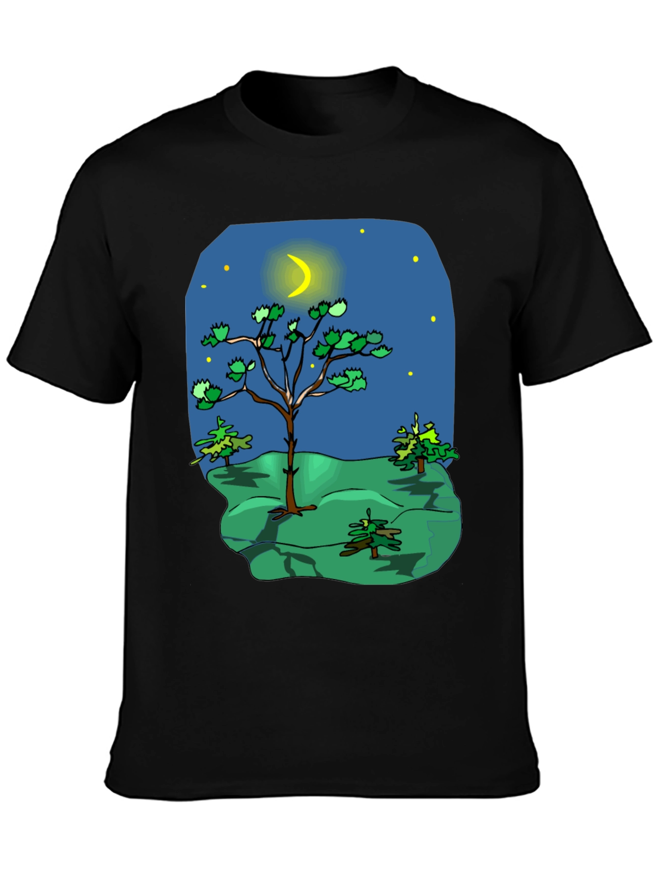 Cartoon Nature Scene Black T-Shirt