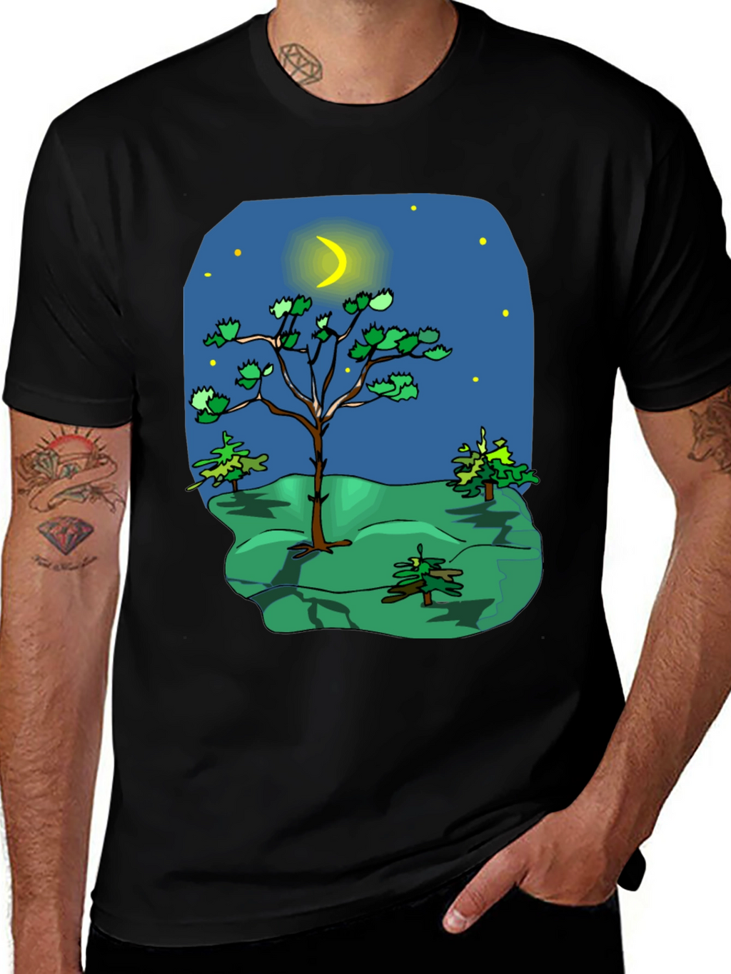 Cartoon Nature Scene Black T-Shirt