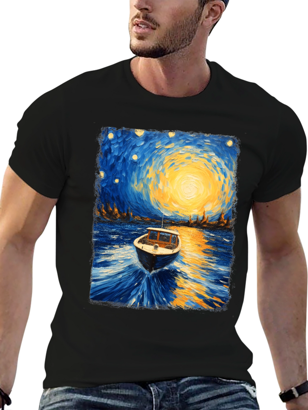Starry Night Boat Graphic T-Shirt