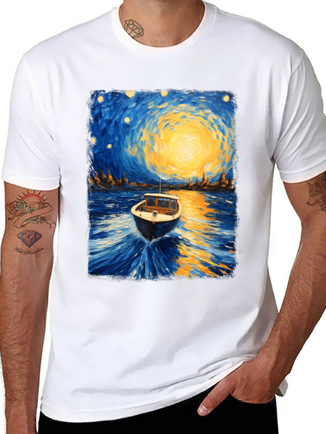 Starry Night Boat Graphic T-Shirt