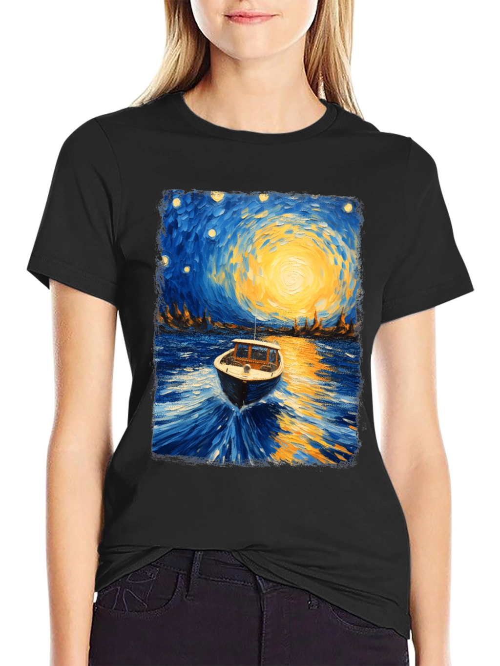Starry Night Boat Graphic T-Shirt