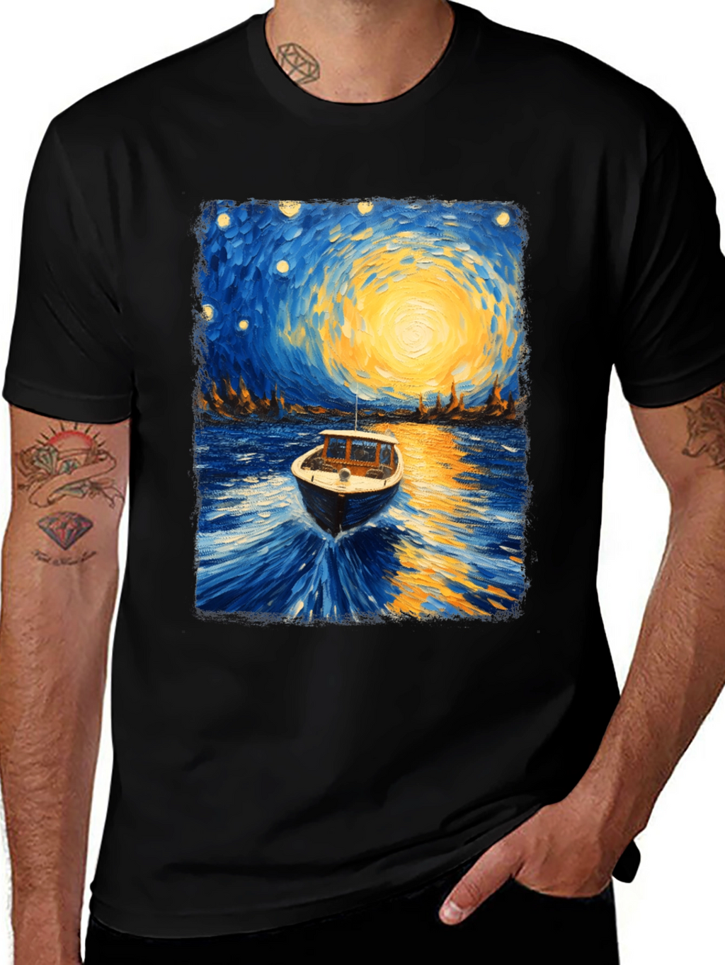 Starry Night Boat Graphic T-Shirt