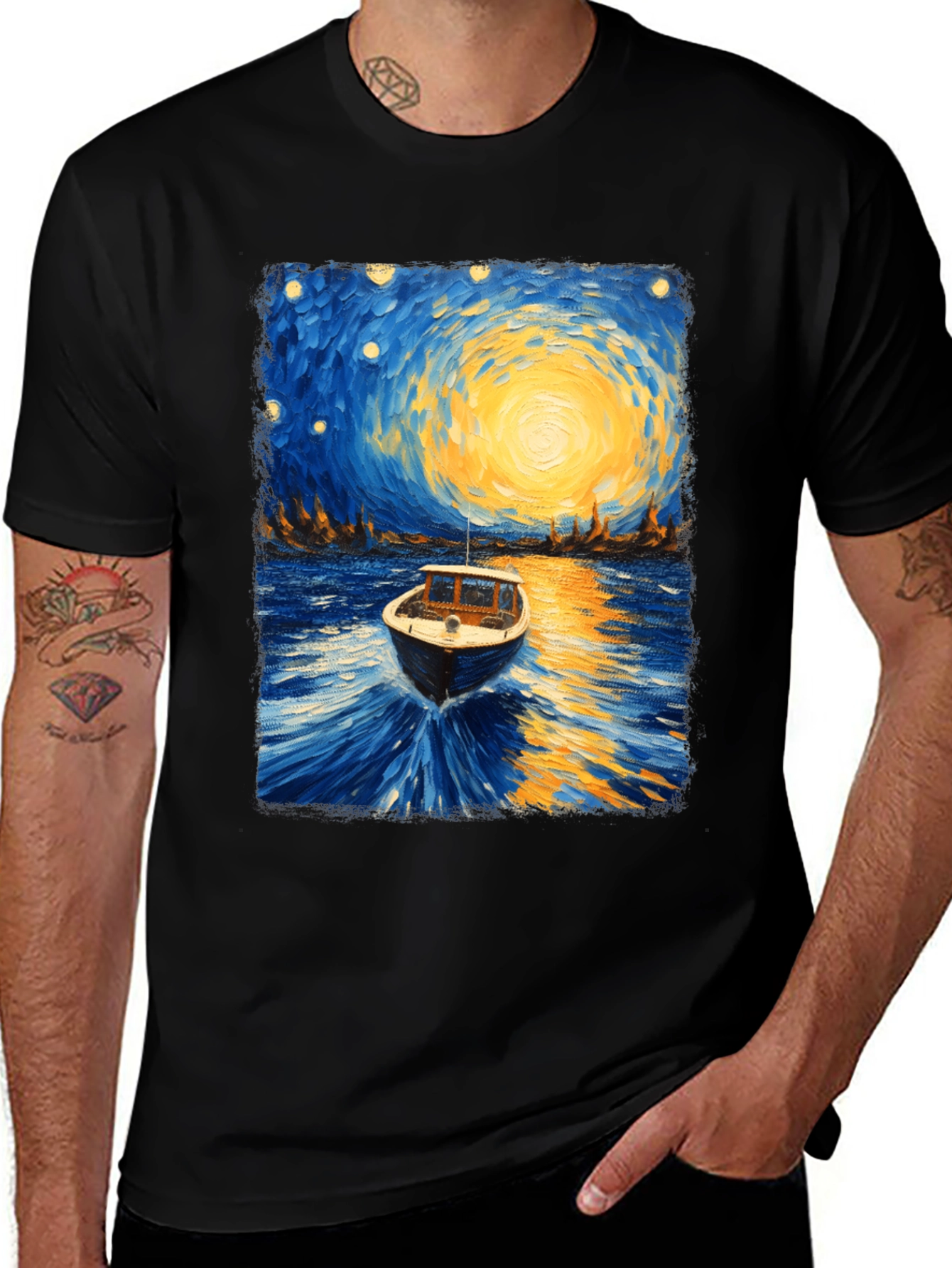 Starry Night Boat Graphic T-Shirt