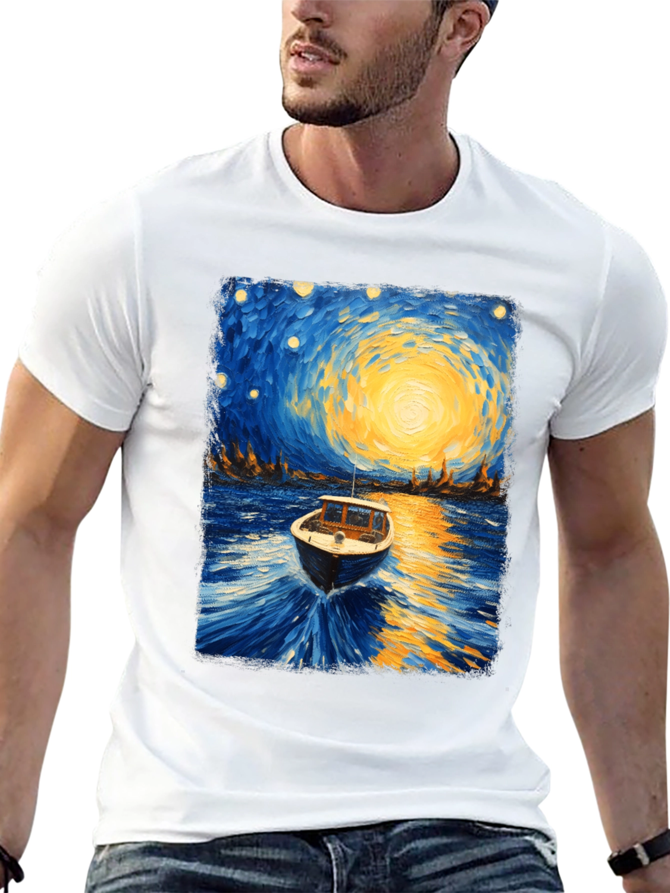 Starry Night Boat Graphic T-Shirt