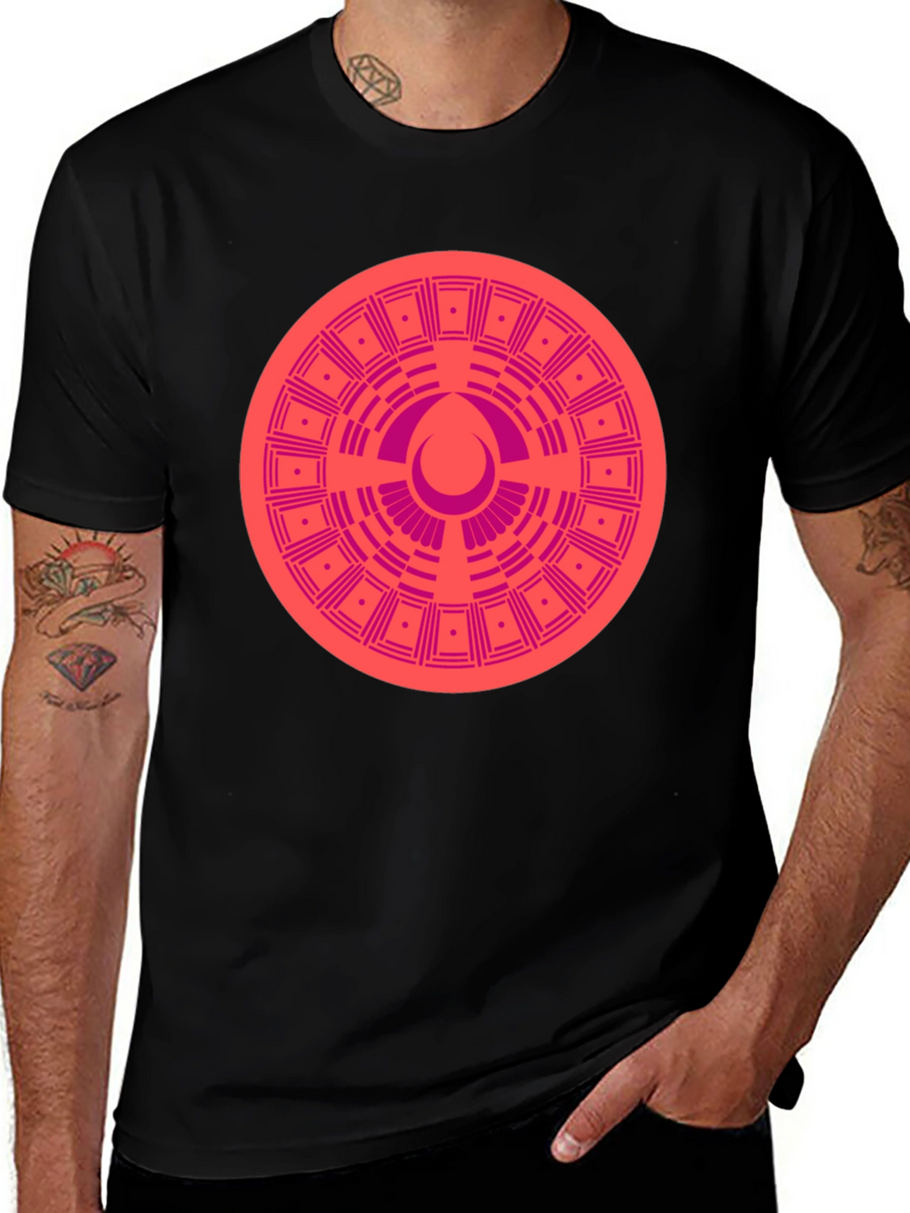 Geometric Patterned Tee - Black Cotton Blend