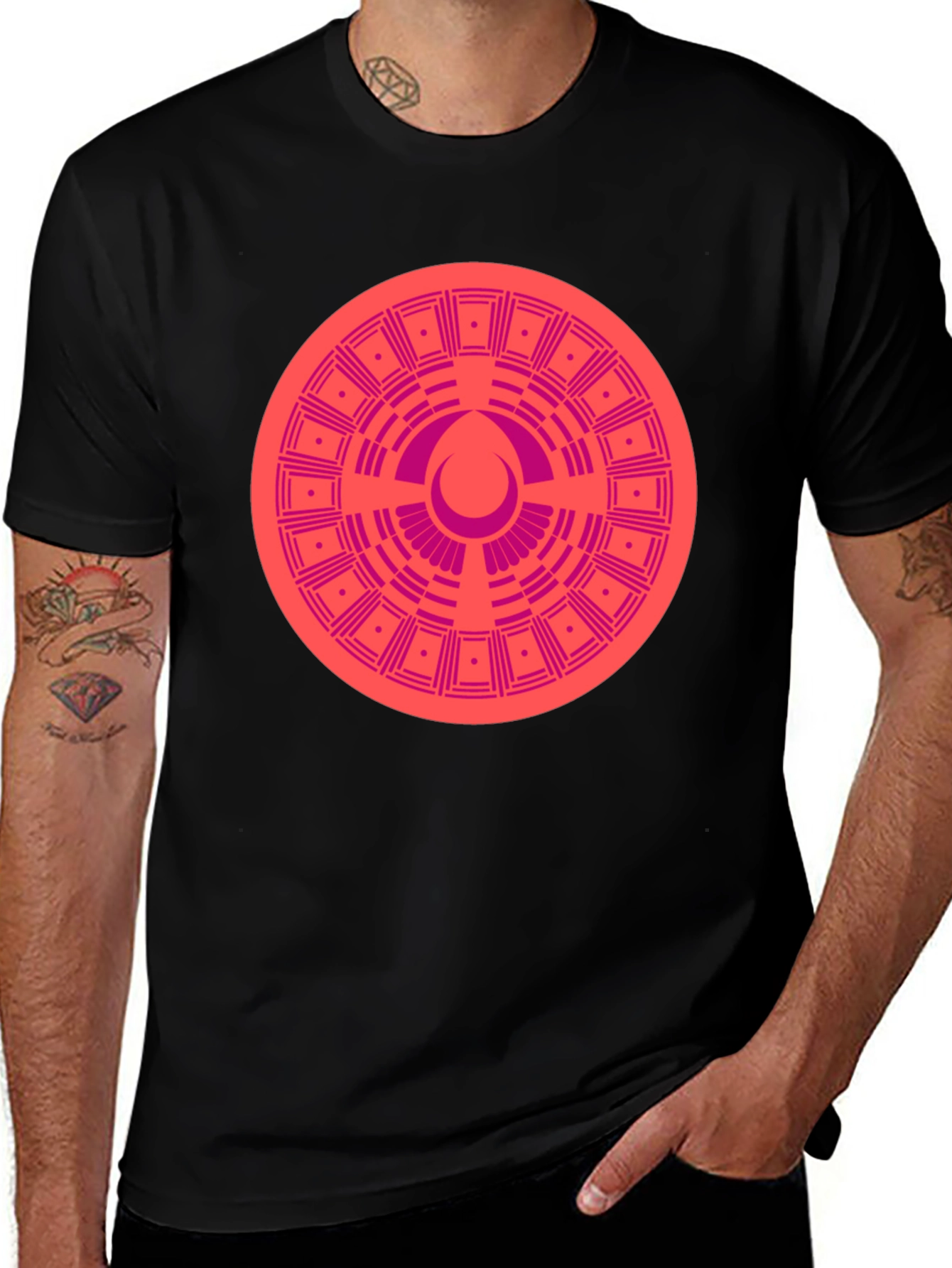 Geometric Patterned Tee - Black Cotton Blend