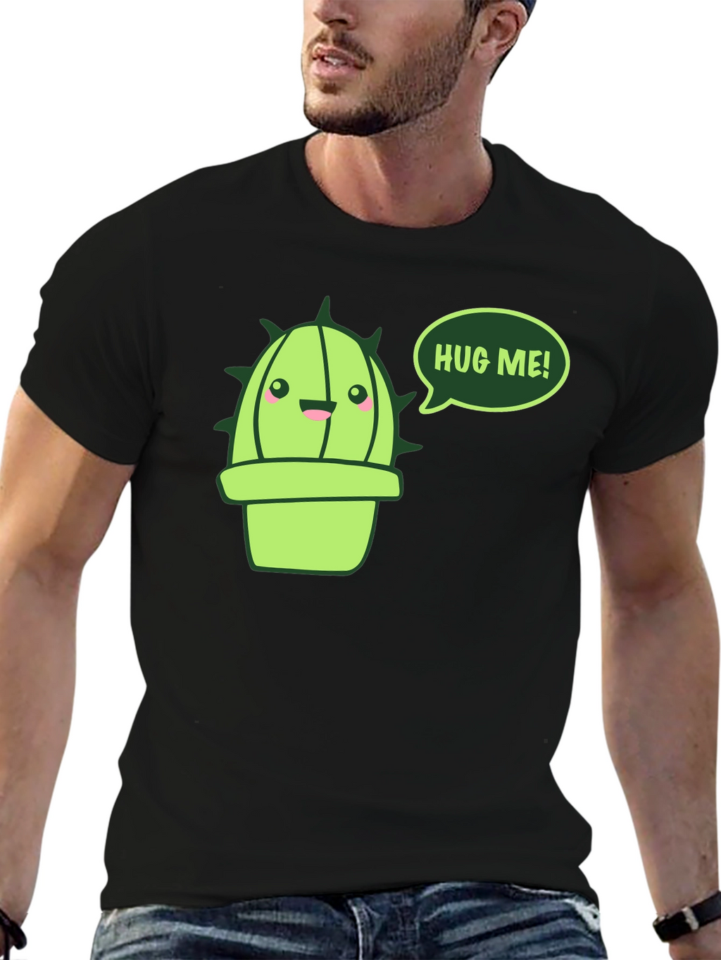 Cute Cactus Hug Me! Black T-Shirt