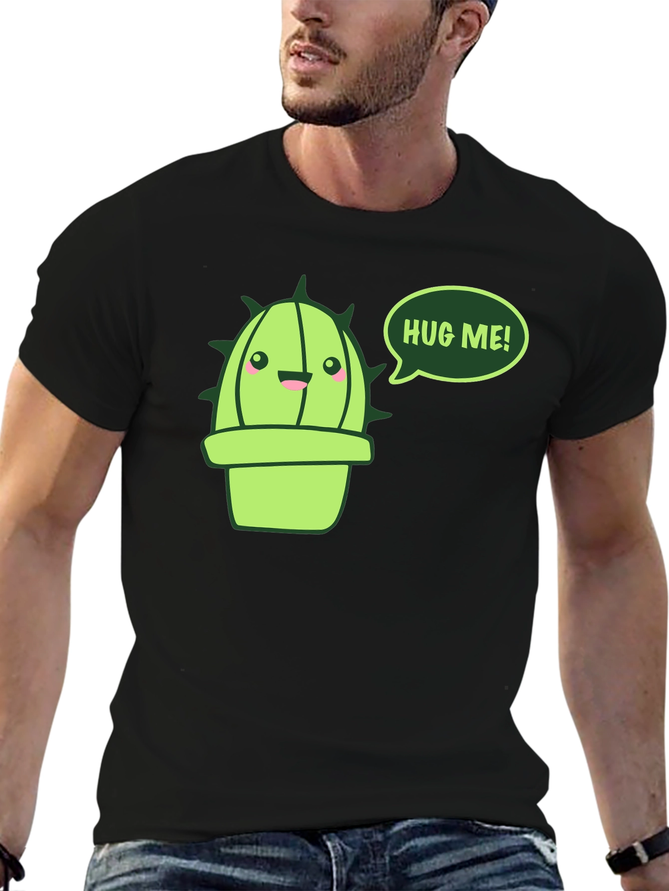 Cute Cactus Hug Me! Black T-Shirt